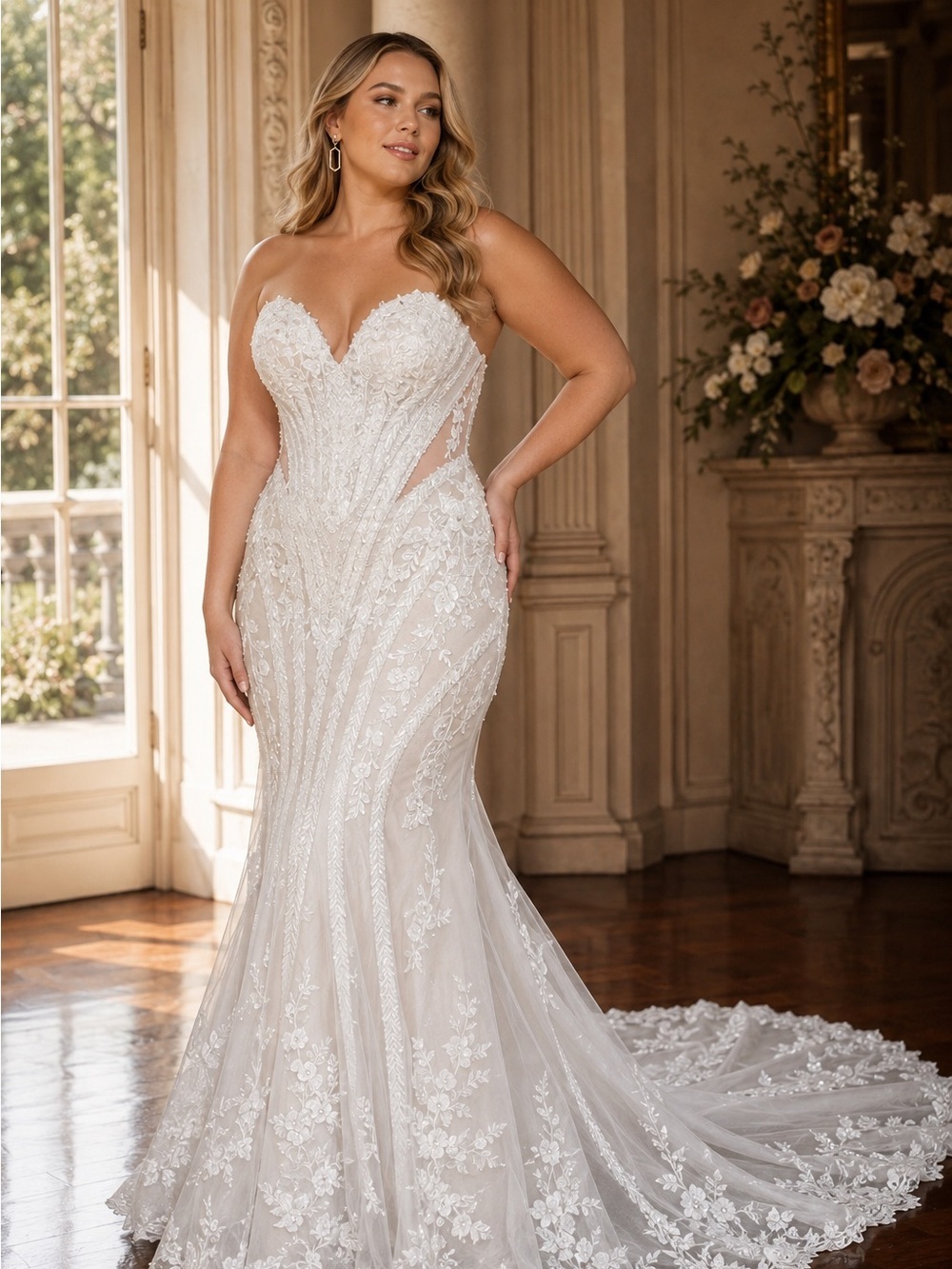 Bridal Size 14 Strapless Beaded Lace Fit & Flare Wedding Gown | D3838